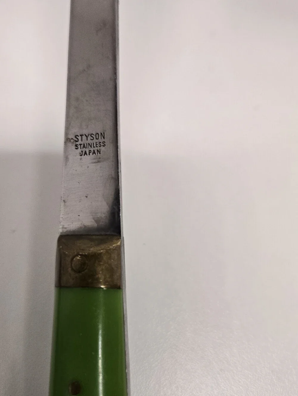 Vintage Styson Stainless Steel Kitchen Utensil Set MCM Japan Green Brass Accents